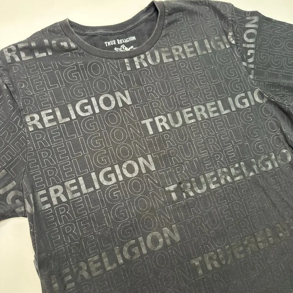 True Religion Allover Print Logo Black Cotton Tee